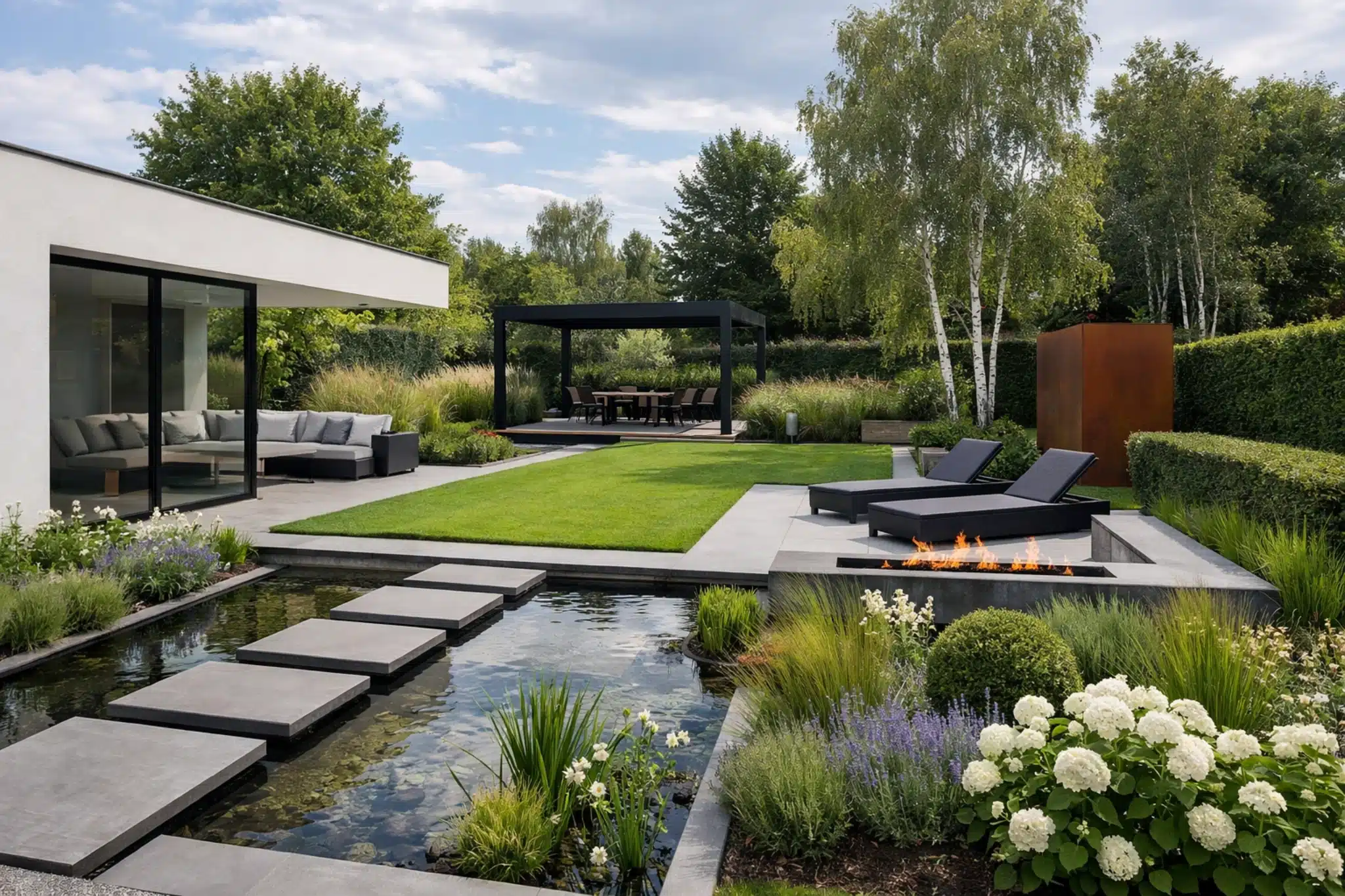 moderne tuin beton terras vijver loungeset