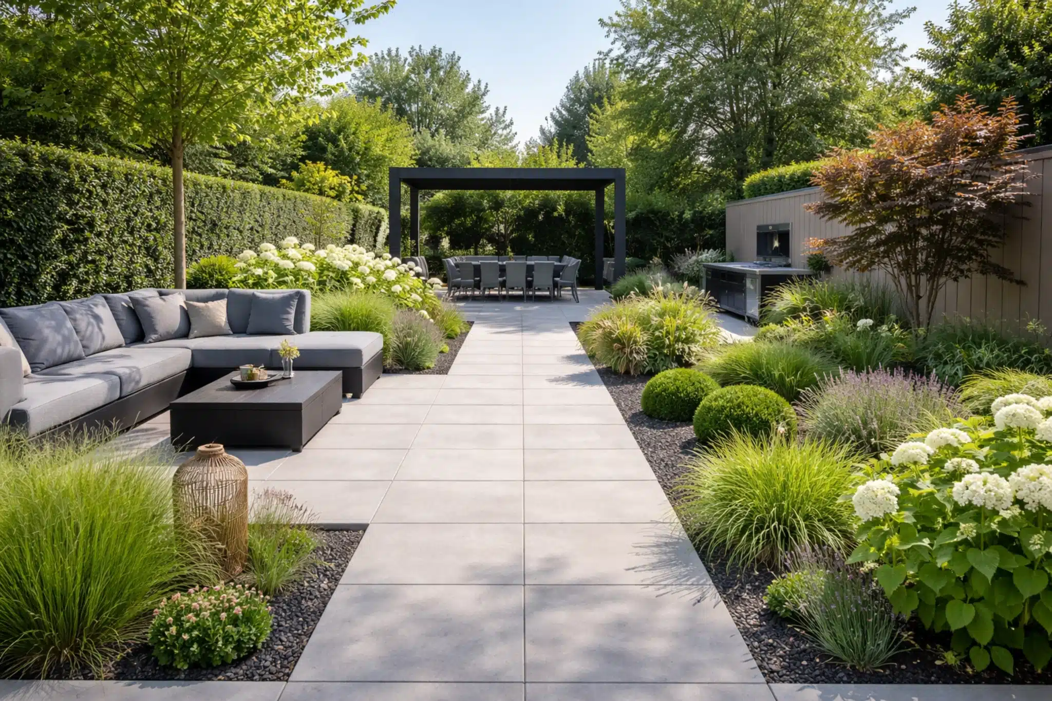 moderne tuin keramische tegels strakke border overkapping