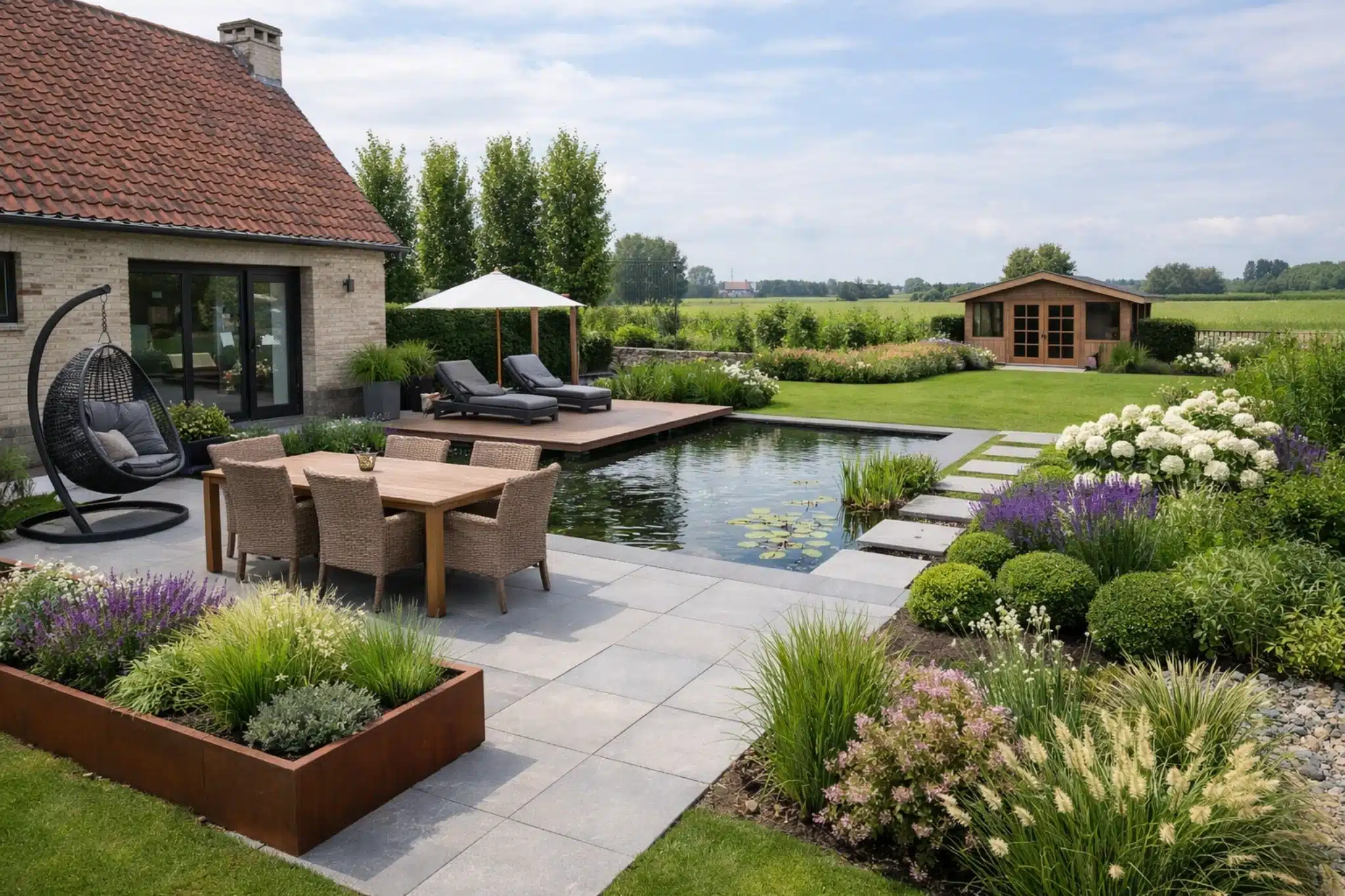 moderne tuin keramische terrastegels vijver landelijk uitzicht