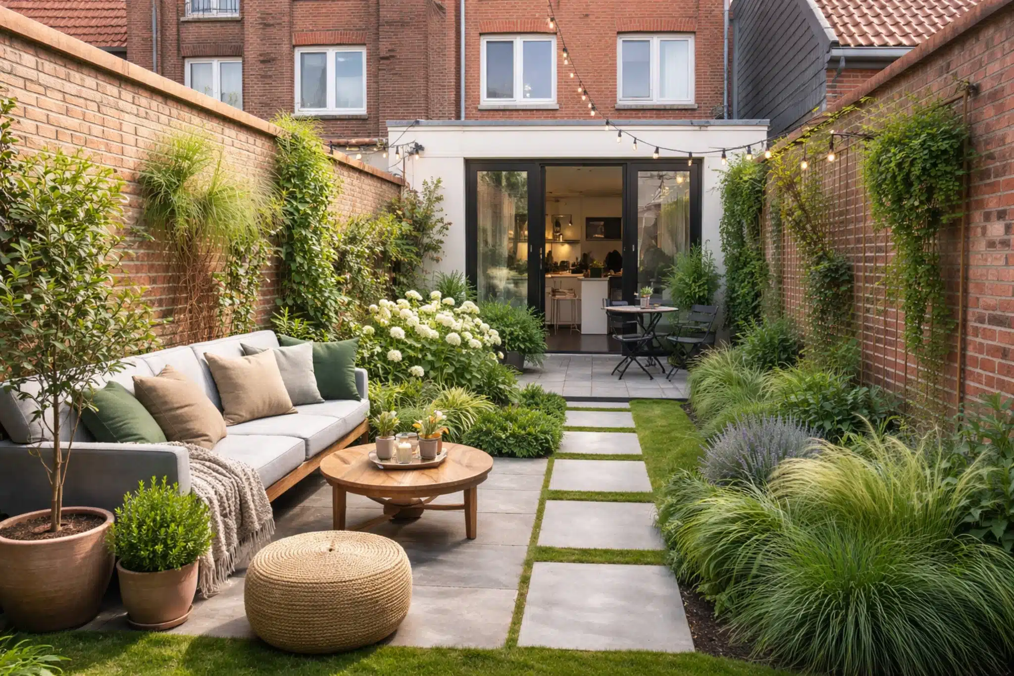stadstuin keramische tegels kleine achtertuin lounge