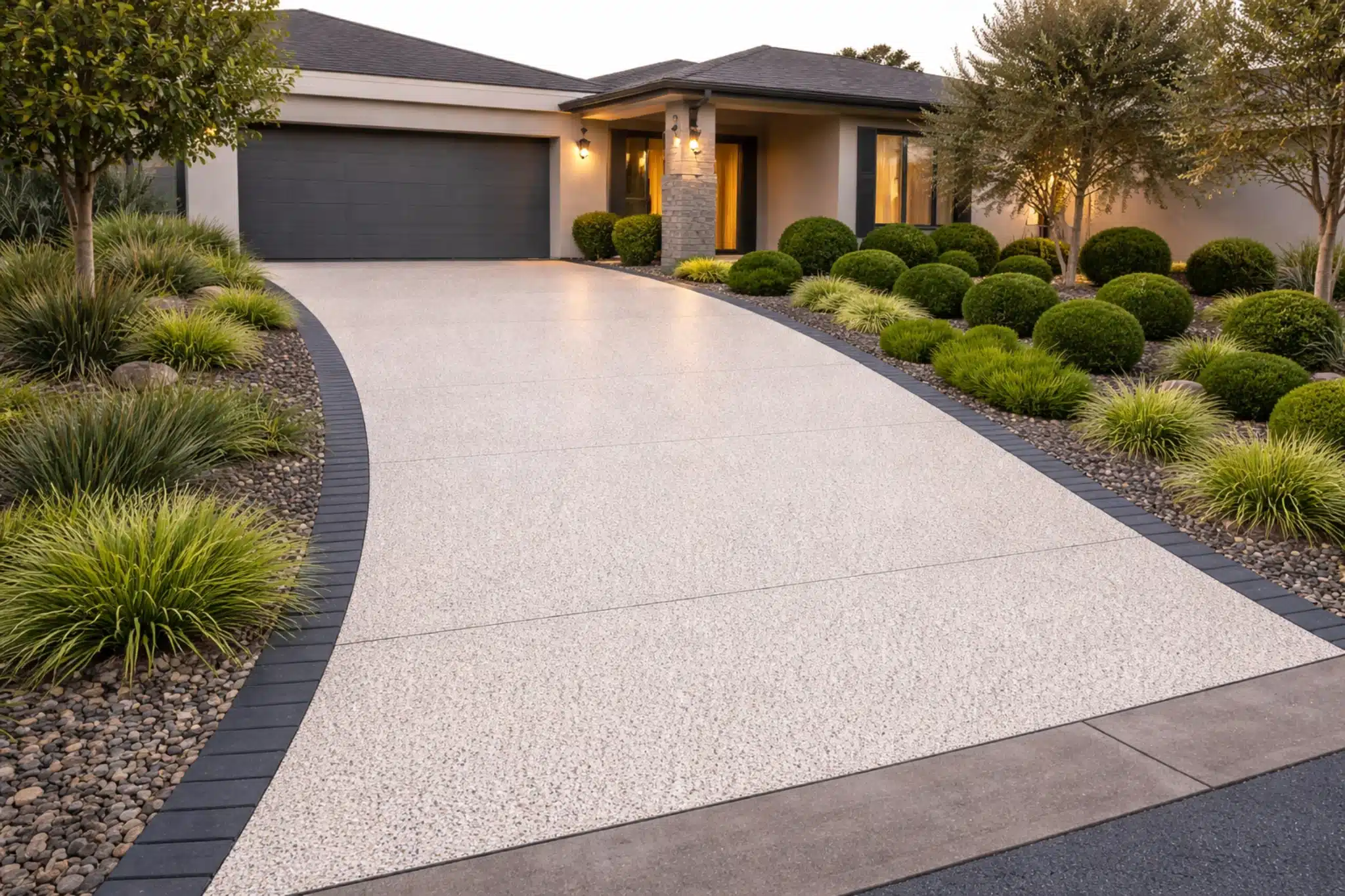uitgewassen beton oprit vrijstaande woning moderne tuin