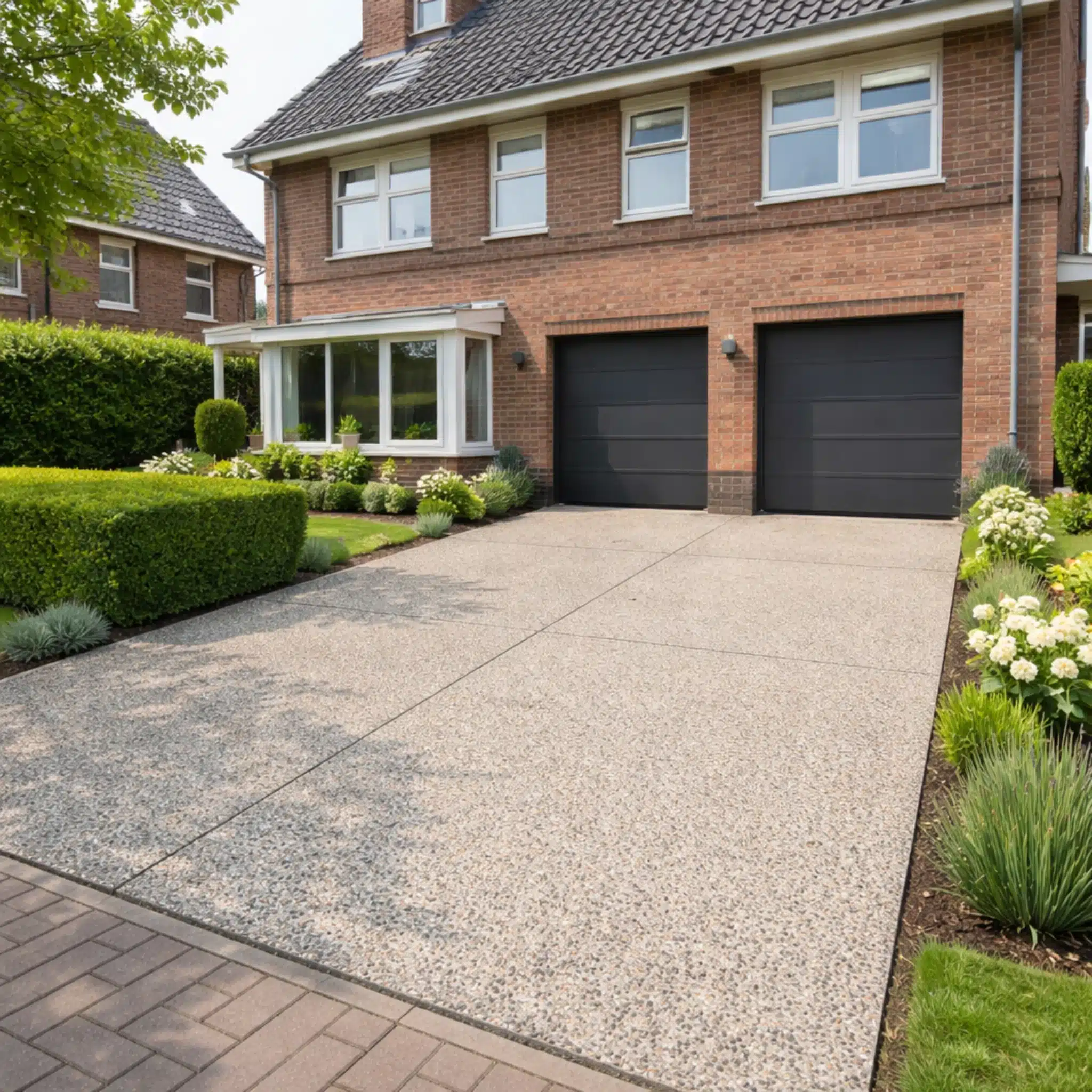 uitgewassen beton oprit woonhuis dubbele garage