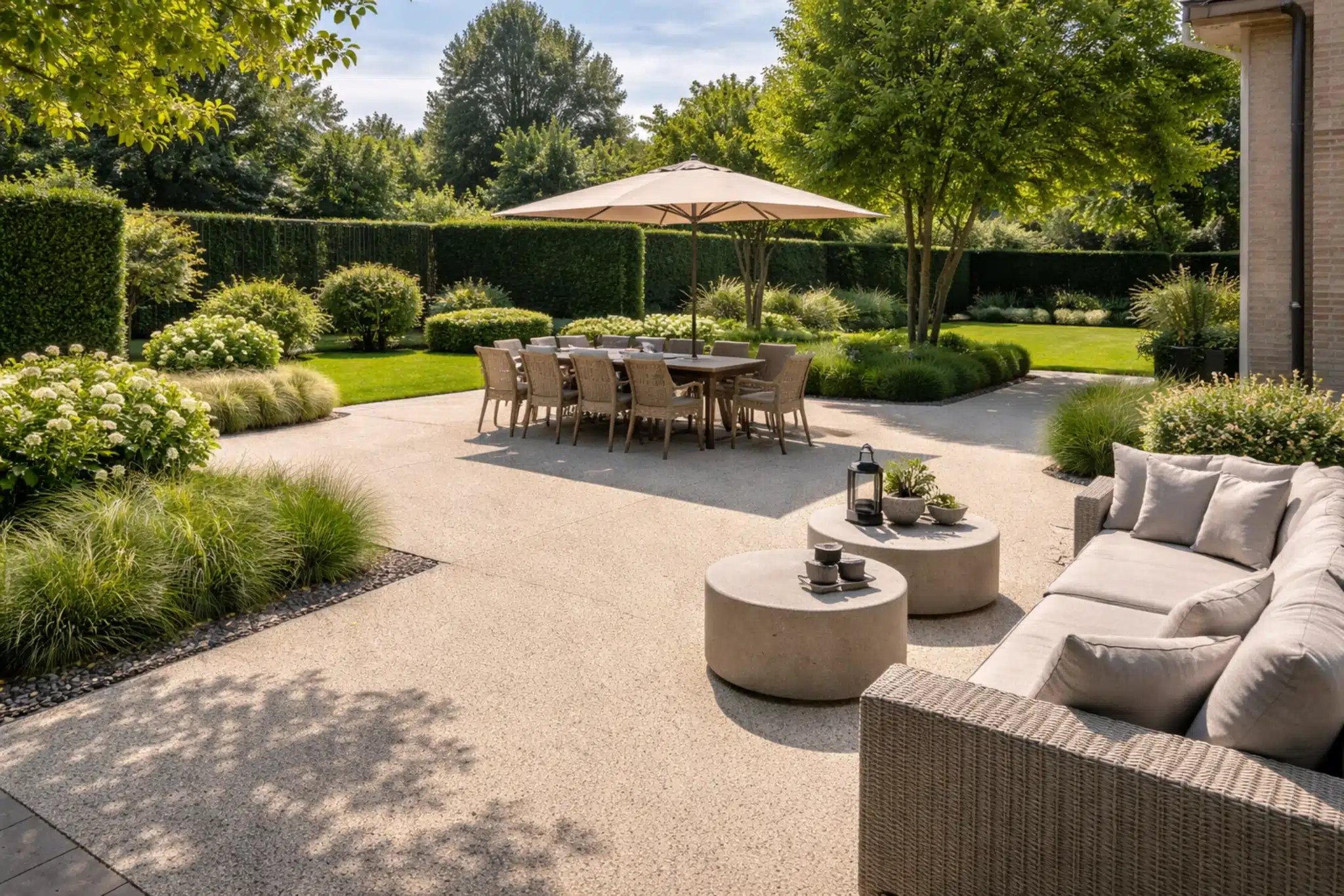 uitgewassen beton terras grote tuin eettafel parasol