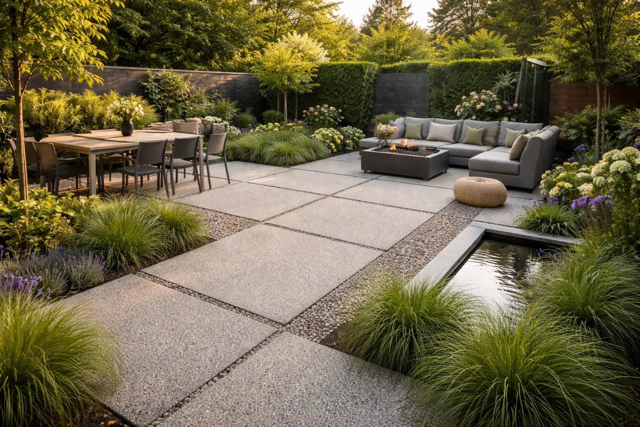 uitgewassen beton terras vijver loungeset achtertuin