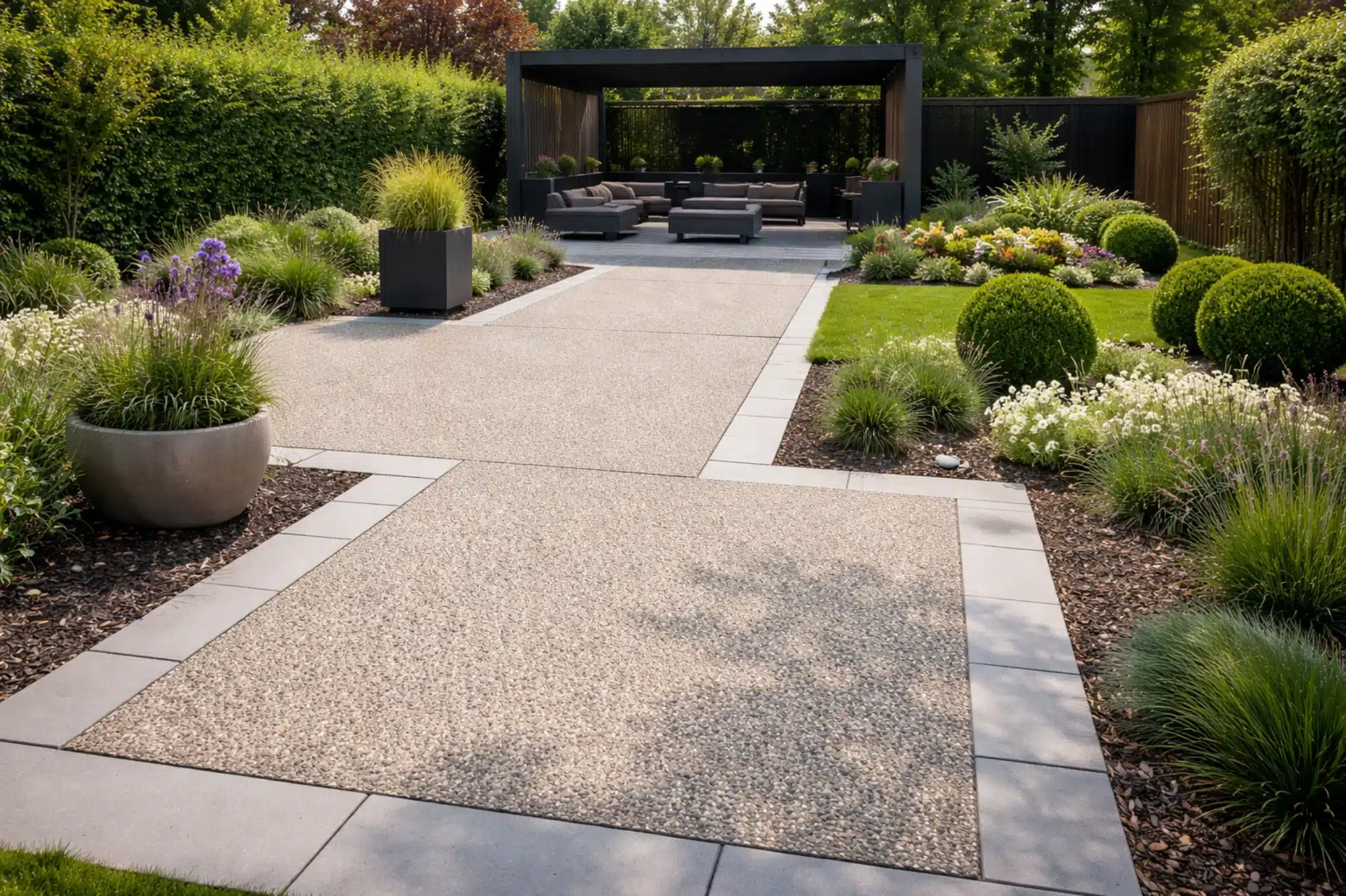 uitgewassen beton tuinpad moderne overkapping
